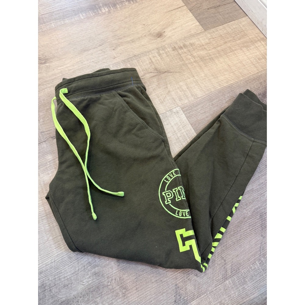 PINK Victoria's Secret Olive Green & Neon Lime Spellout Joggers - Size S